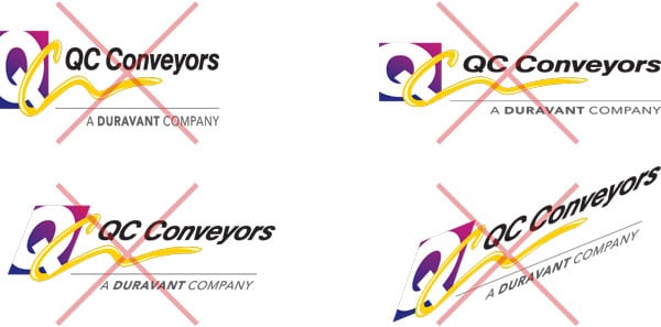 Examples of how not to stretch or skew the logo when used